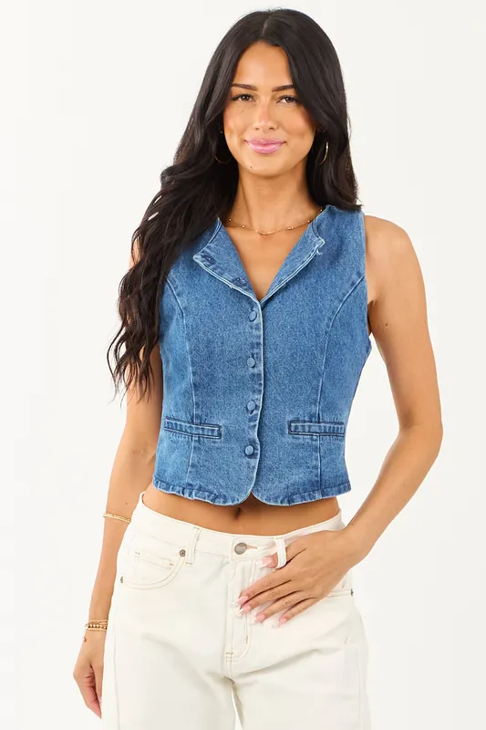 Medium Wash Princess Seam Button Up Denim Vest - Paper Moon