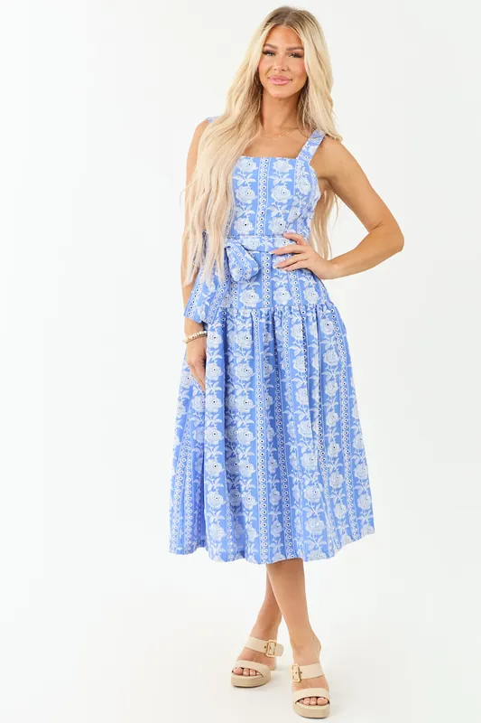 Cornflower Floral Embroidered Waist Tie Midi Dress - B.right