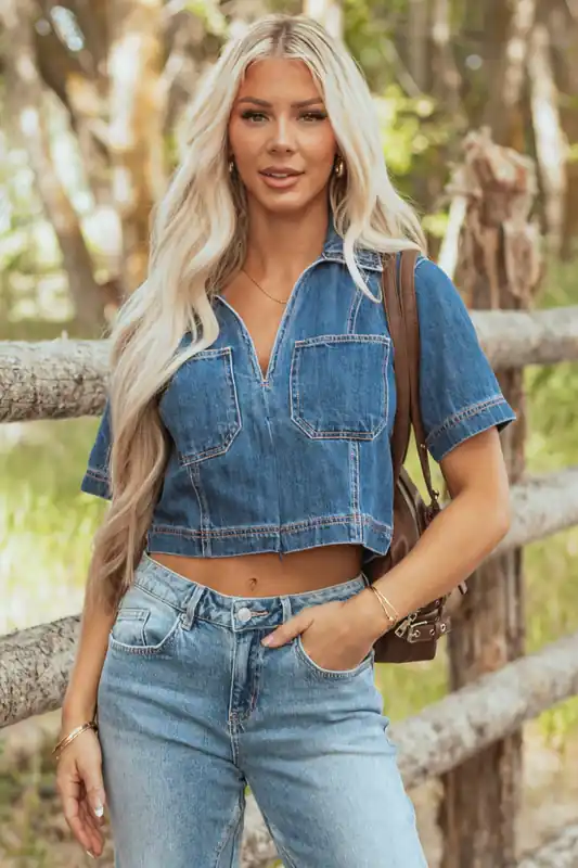 Risen Medium Wash Denim V Neck Short Sleeve Top