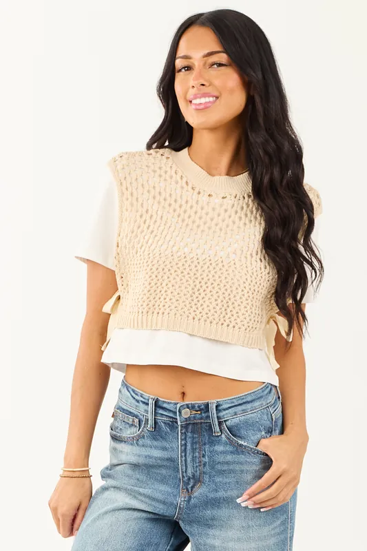 Sand Layered Crochet Short Sleeve Crop Top - eesome