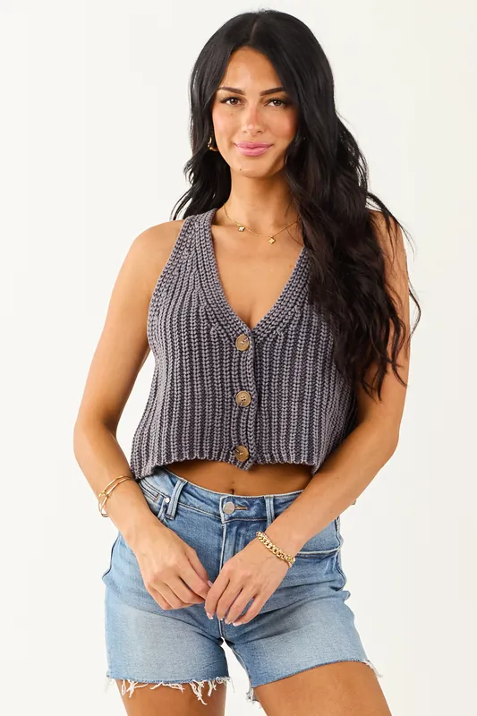 Washed Charcoal Button Down Sweater Knit Vest - eesome