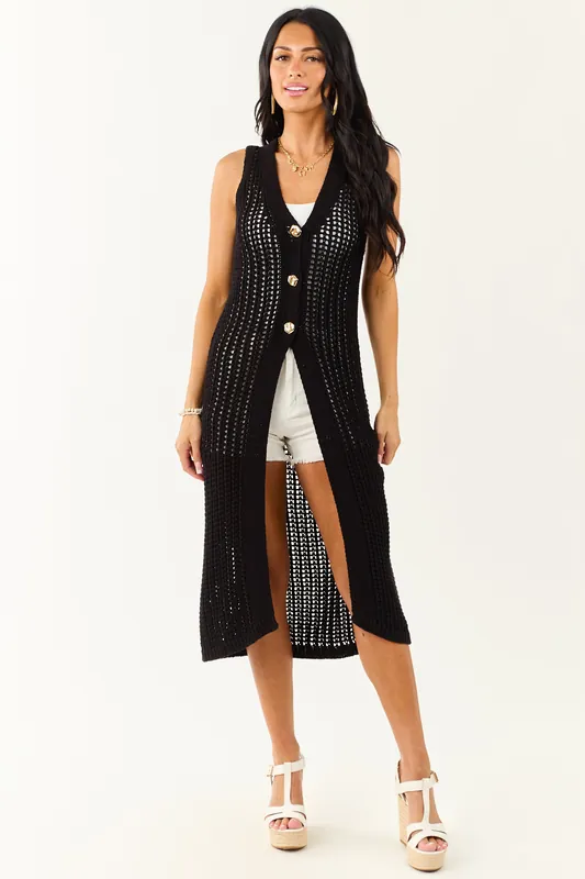 Black Open Knit Gold Buttoned Cotton Duster Vest - eesome