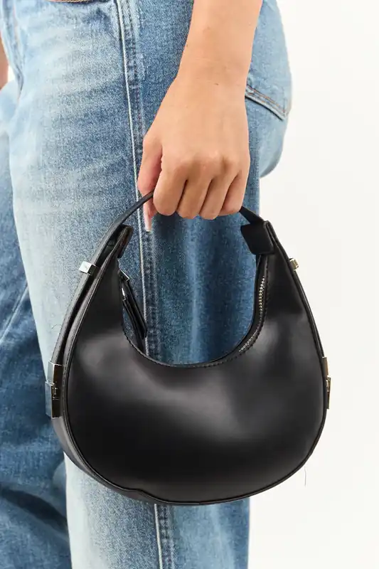 Black Faux Leather Small Half Moon Handbag - Fame Accessories