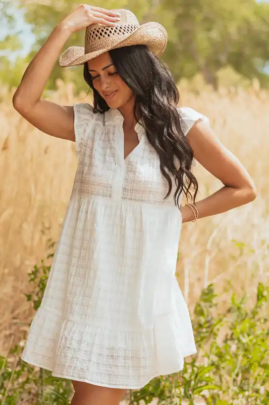 Off White Textured V Neck Cap Sleeve Mini Dress - Umgee