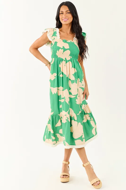 Kelly Green and Cream Floral Print Smocked Midi Dress - Umgee