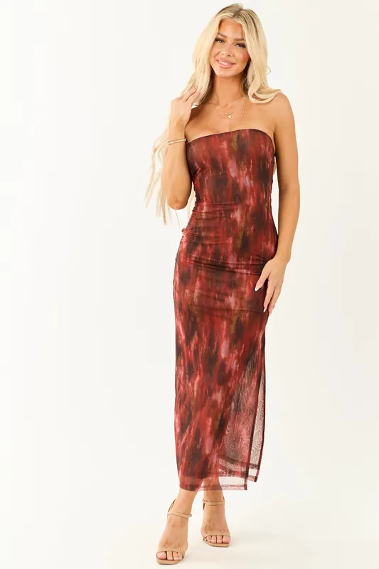 Cherry Abstract Print Mesh Strapless Midi Dress - Privy