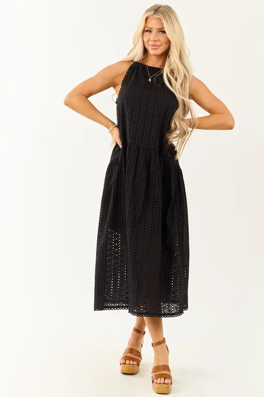 Black Eyelet Halter Tent Style Cotton Midi Dress - Heyson