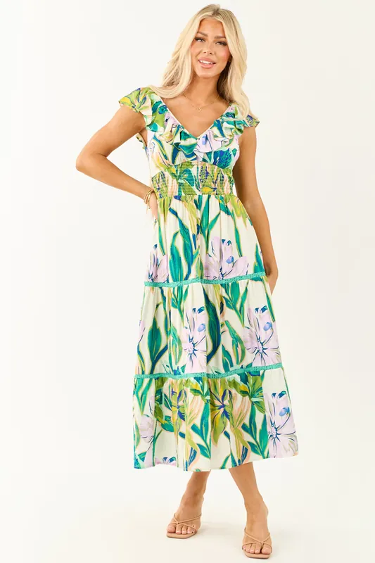 Ivory Tropical Print Smocked Lace Tiered Midi Dress - Fore Collection