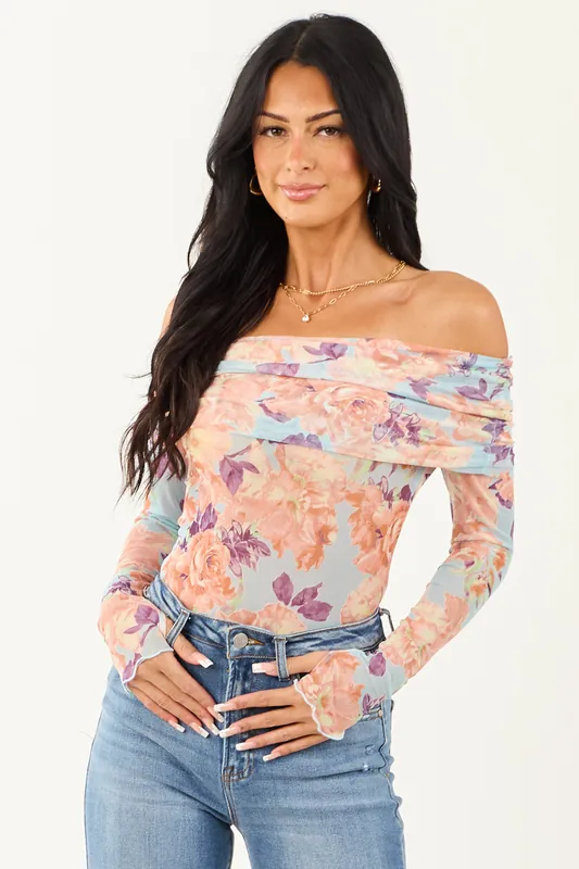 Sky Blue Floral Print Off the Shoulder Bodysuit - Promesa