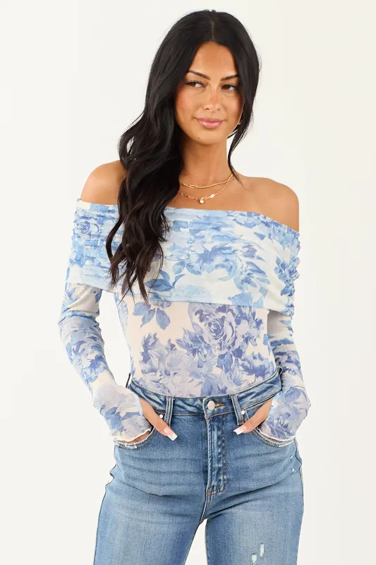 Ivory Floral Print Off the Shoulder Bodysuit - Promesa
