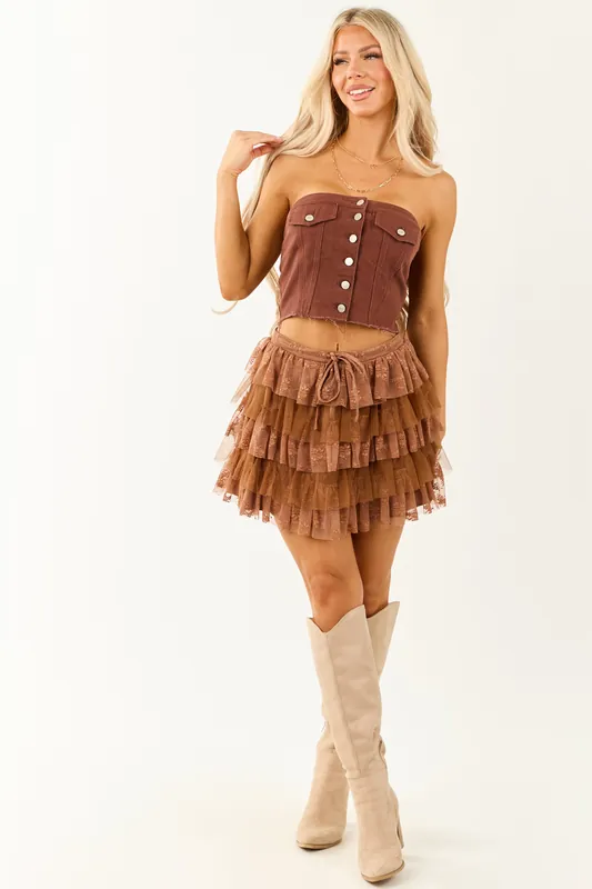 Sepia Lace and Tulle Layered Ruffle Mini Skirt - Promesa