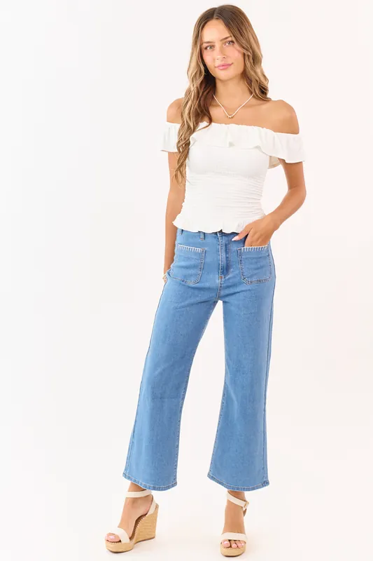 Lovelo Medium Wash Denim Stretchy Crop Straight Pants - GeeGee