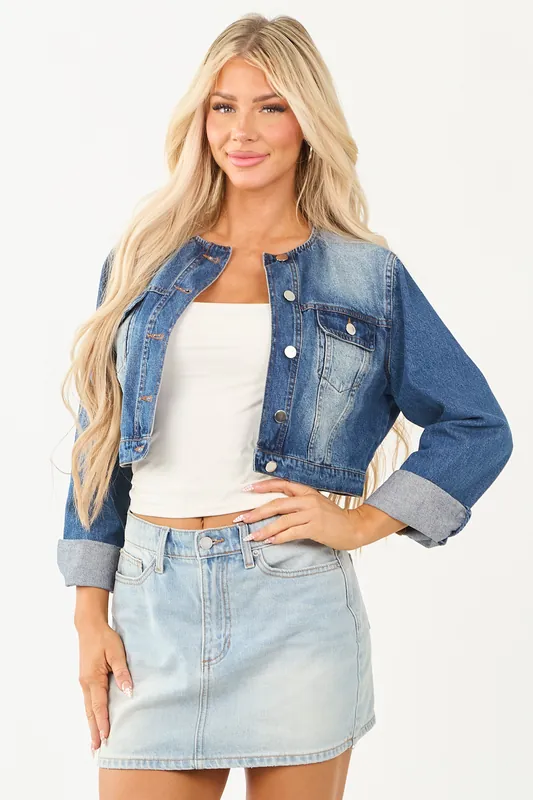 Medium Wash Acid Wash Cropped Denim Jacket - Blue Blush