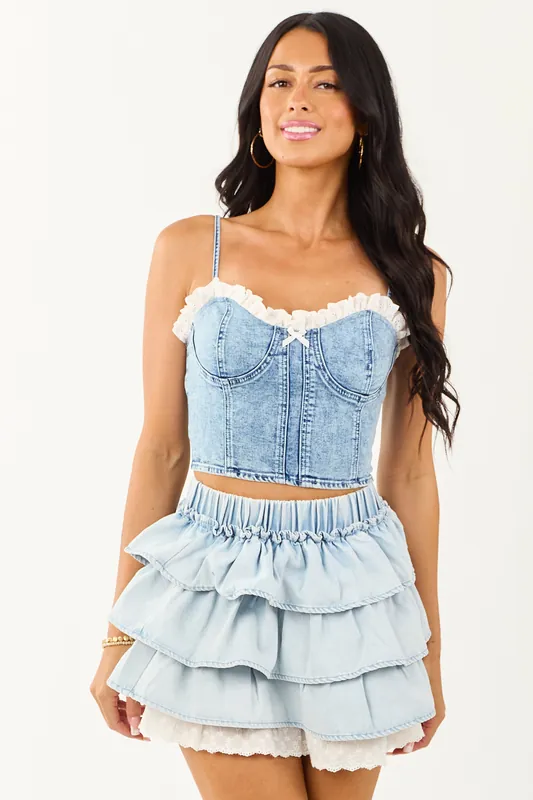 Light Acid Wash Denim Lace Trim Cropped Tank Top - THE VINTAGE SHOP