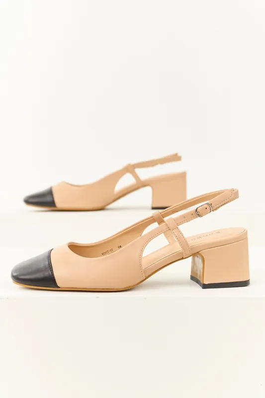 Beige Contrast Square Toe Faux Leather Heels - JP ORIGINAL CORP