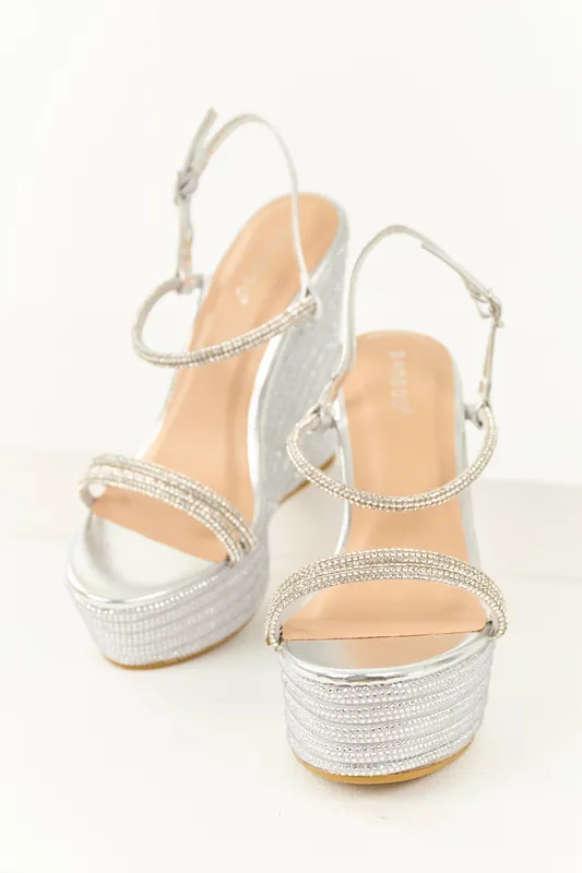 Silver Rhinestone Open Toed Platform Wedges - JP ORIGINAL CORP