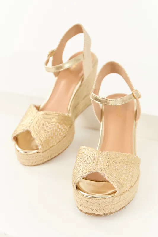 Gold Metallic Coated Crochet Strap Espadrille Wedges - JP ORIGINAL CORP