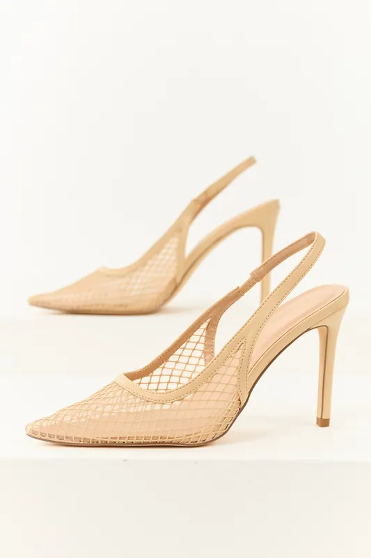 Nude Mesh Pointed Toe Slingback Stiletto Heels - JP ORIGINAL CORP