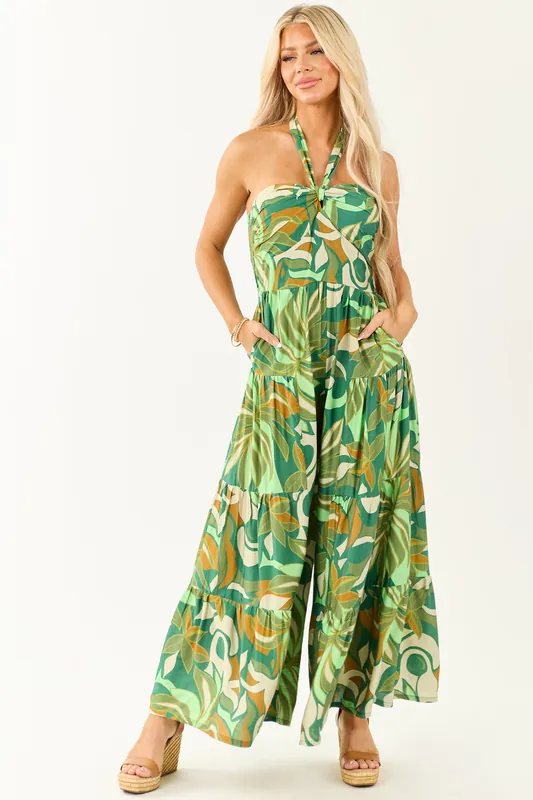 Kiwi Tropical Print Halter Front Tie Jumpsuit - eesome