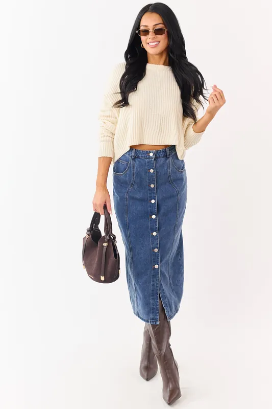 Medium Wash Button Down Denim Midi Skirt - Heyson