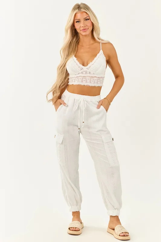 White Eyelet Lace Drawstring Cargo Jogger Pants - ANGIE