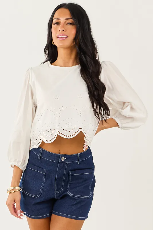 Off White Eyelet Long Sleeve Cotton Crop Top - Heyson