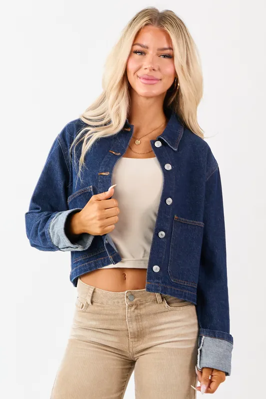 Dark Wash Slightly Cropped Denim Jacket - Heyson
