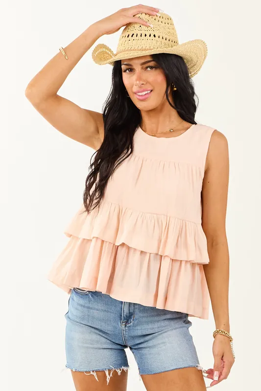 Peach Round Neck Tiered Ruffle Tank Top - Heyson