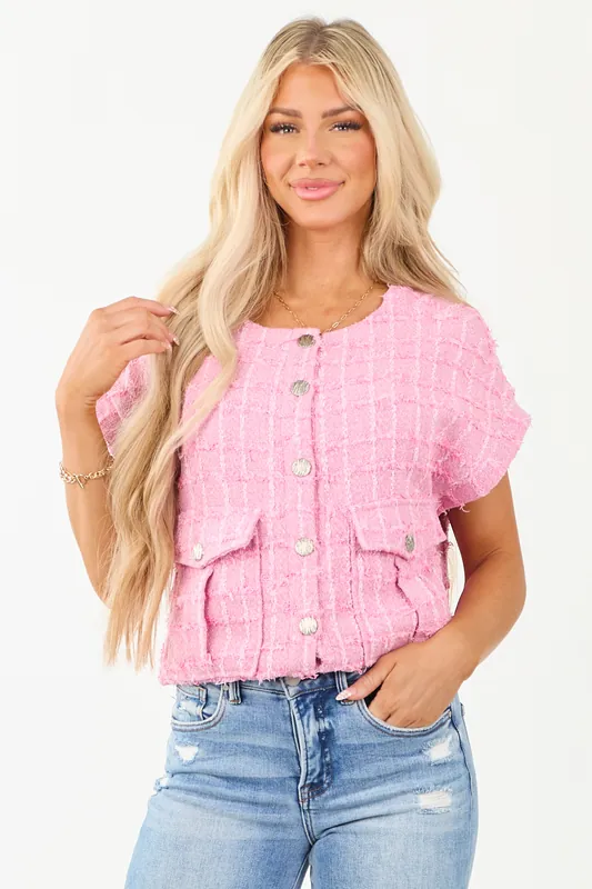 Fuchsia Tweed Button Down Short Sleeve Top - Heyson