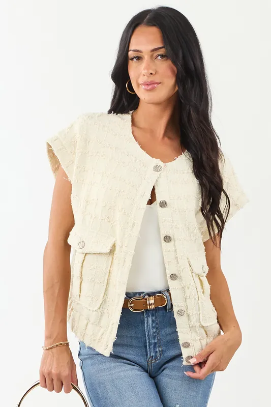 Cream Tweed Button Down Short Sleeve Top - Heyson