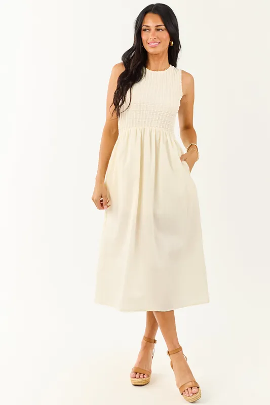 Cream Textured Bodice Contrast Skirt Midi Dress - Heyson