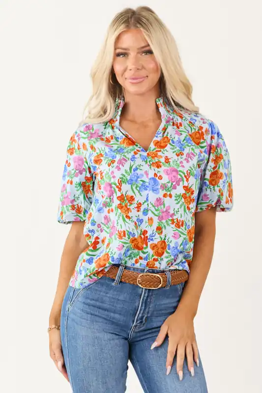 Powder Blue Floral Print Bubble Sleeve Cotton Top - Fore Collection