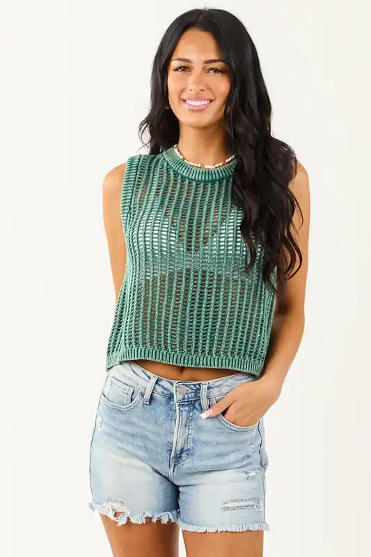 Pine Acid Wash Open Knit Cropped Tank Top - ZENANA