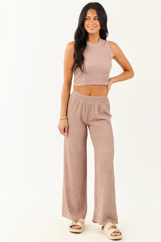 Rose Taupe Crinkled Sleeveless Crop Top and Pants Set - Love Poem