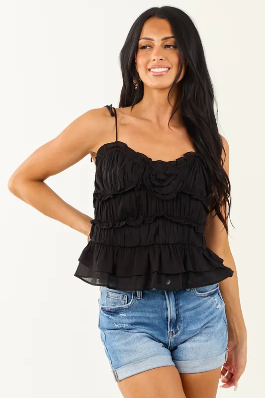 Black Ruffle Floral Detail Sleeveless Tank Top - Style Melody