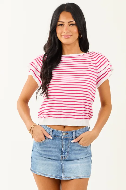 Off White and Raspberry Striped Short Sleeve Top - So Me