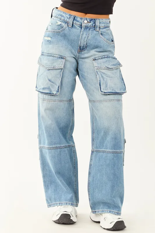 Cello Medium Wash High Rise Distressed Cargo Jeans - Cello Jeans
