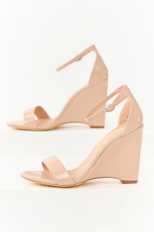 Champagne Faux Leather Ankle Strap Wedges - JP ORIGINAL CORP