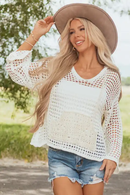 POL Cream Hooded Open Knit Long Sleeve Top - POL Clothing