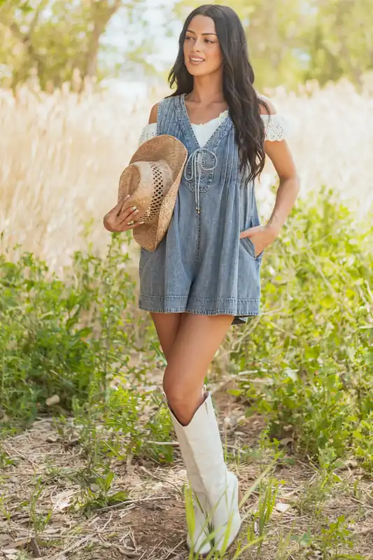 Medium Wash Pleated Denim Sleeveless Romper - Lumiere