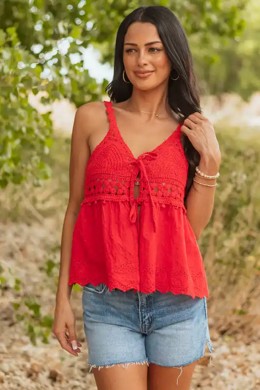 Cherry Knit Front Tie Eyelet Cotton Tank Top - Lumiere