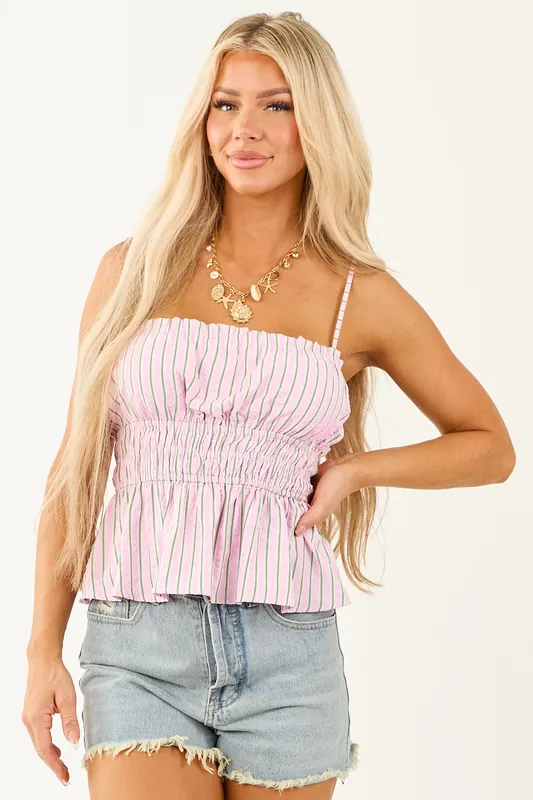 Carnation Striped Smocked Waist Peplum Tank Top - Lumiere