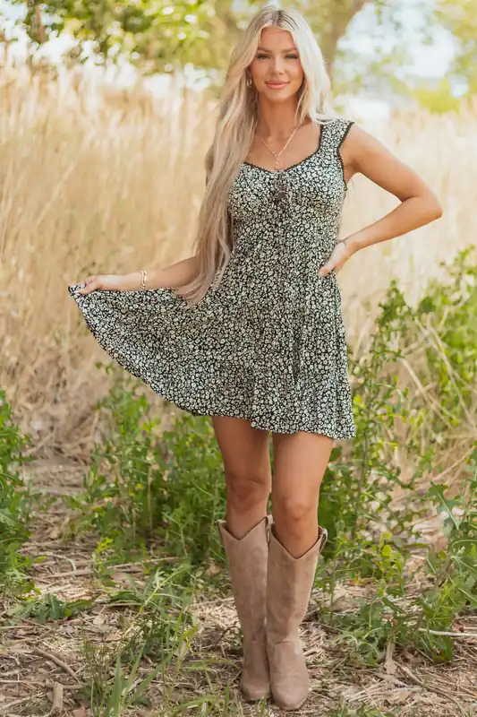 Black Ditsy Floral Print Sleeveless Mini Dress - ANGIE