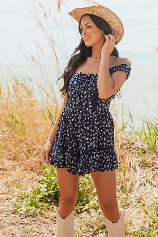 Navy Ditsy Floral Sleeveless Mini Dress Style Romper - ANGIE