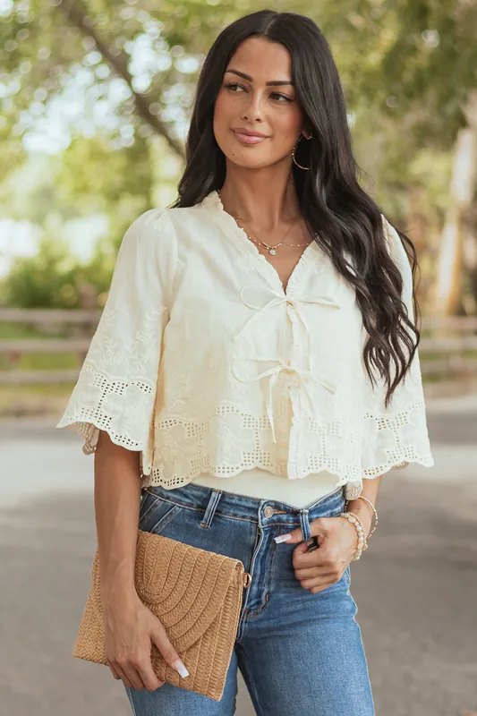 Cream Floral Embroidery Tie Front Cotton Blouse - ANNIEWEAR