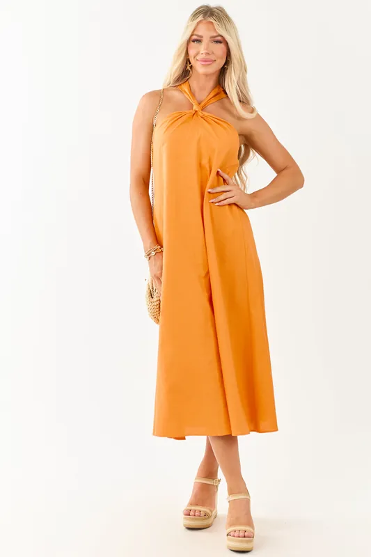 Tangerine Halter Knot Tie Linen Blend Midi Dress - B Right