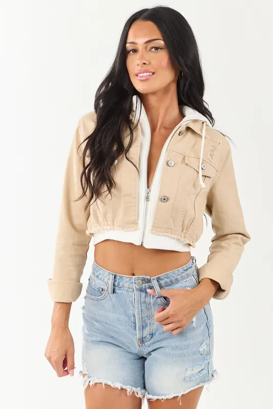 Beige Denim Crop Jacket with Inner Zip Up Hoodie - Style Melody