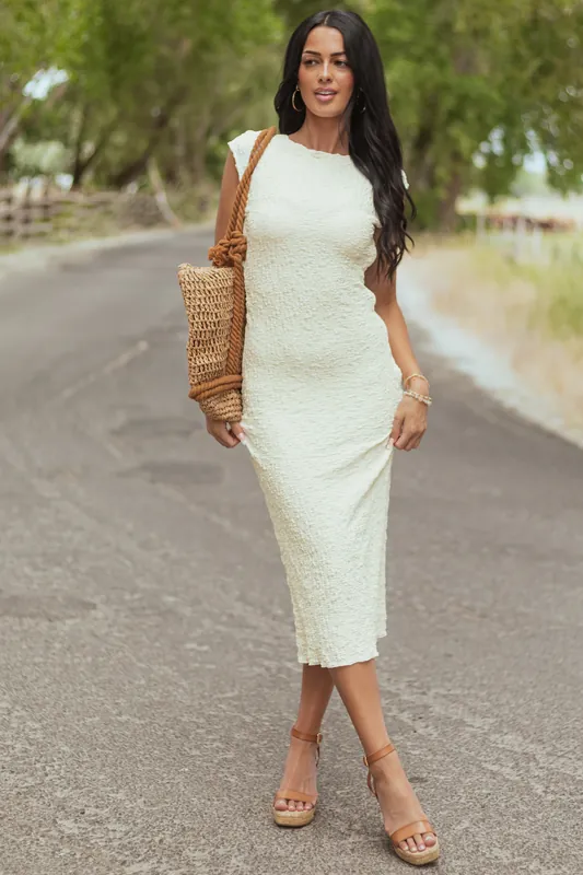 Cream Crinkle Textured Cap Sleeve Midi Dress - Umgee