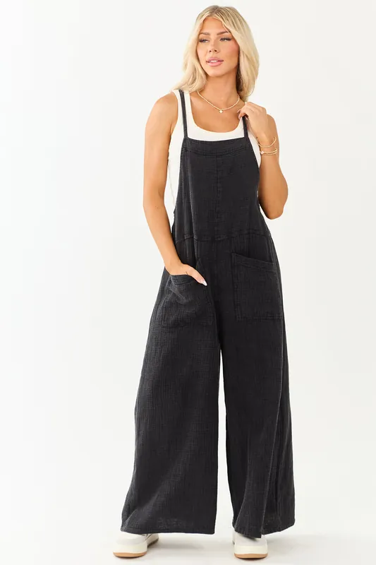 Charcoal Mineral Wash Gauze Cotton Jumpsuit - Umgee