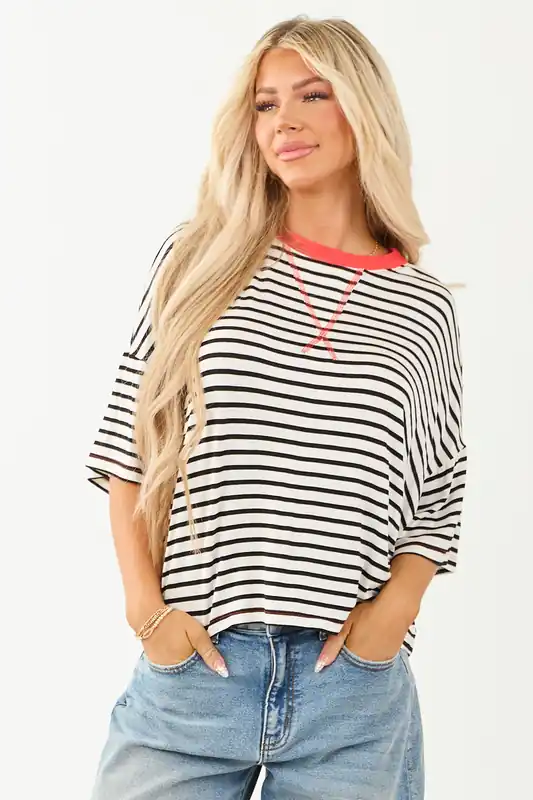 Ivory and Crimson Striped Half Sleeve Top - Ces Femme